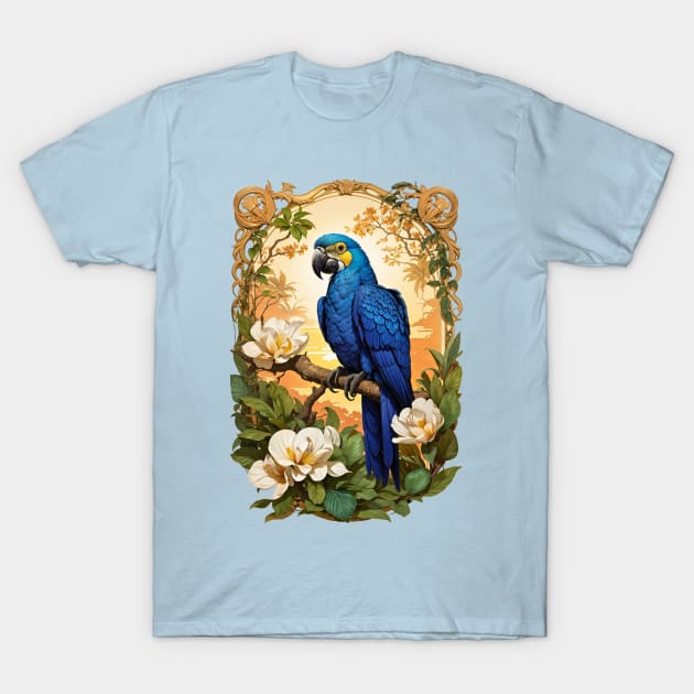 Blue Parrot Macaw with Magnolias retro vintage design T-Shirt by Neon City Bazaar